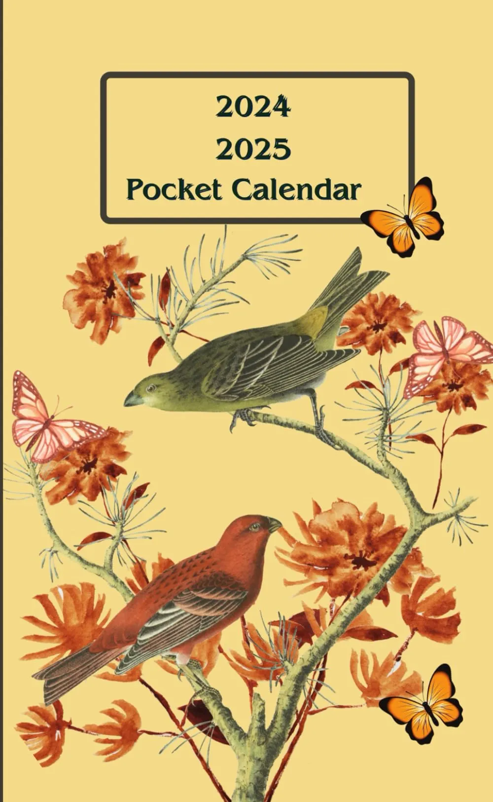 2024/2025 Pocket Calendar - Small Organizer with Chirpy Birds & Butterfly Cover Design